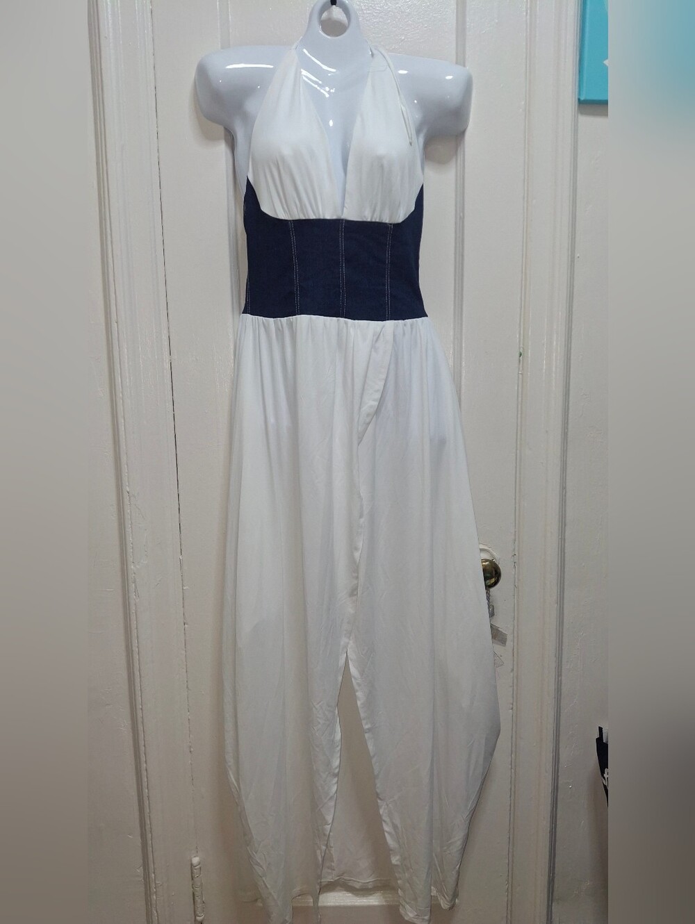 Women's Beach Maxi Dress Halter White Denim Waist Resort Cover Up Size M